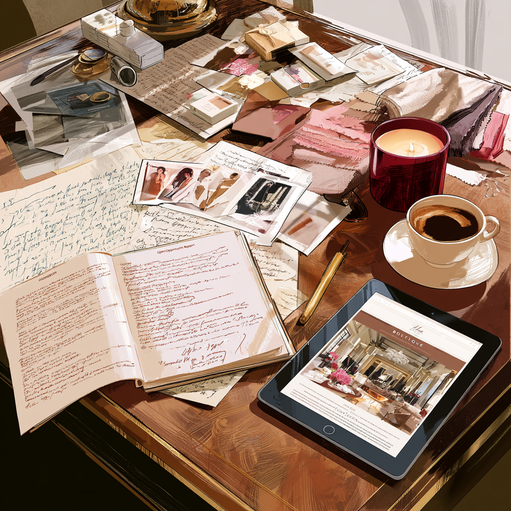 Retail consulting workspace with an opportunity report, boutique photographs, product samples, research notes, tablet, coffee, and red candle.