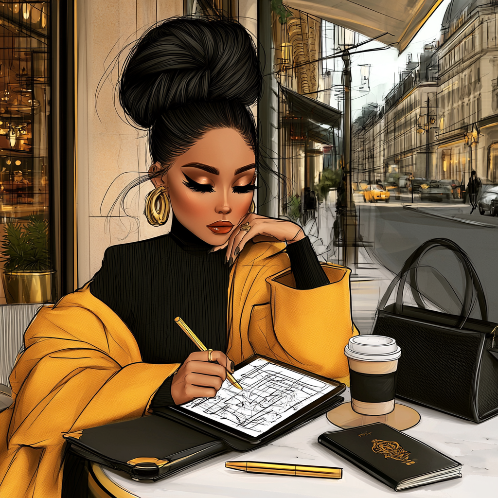 Black business consultant works from an international café with a tablet, coffee, portfolio, handbag, and passport.