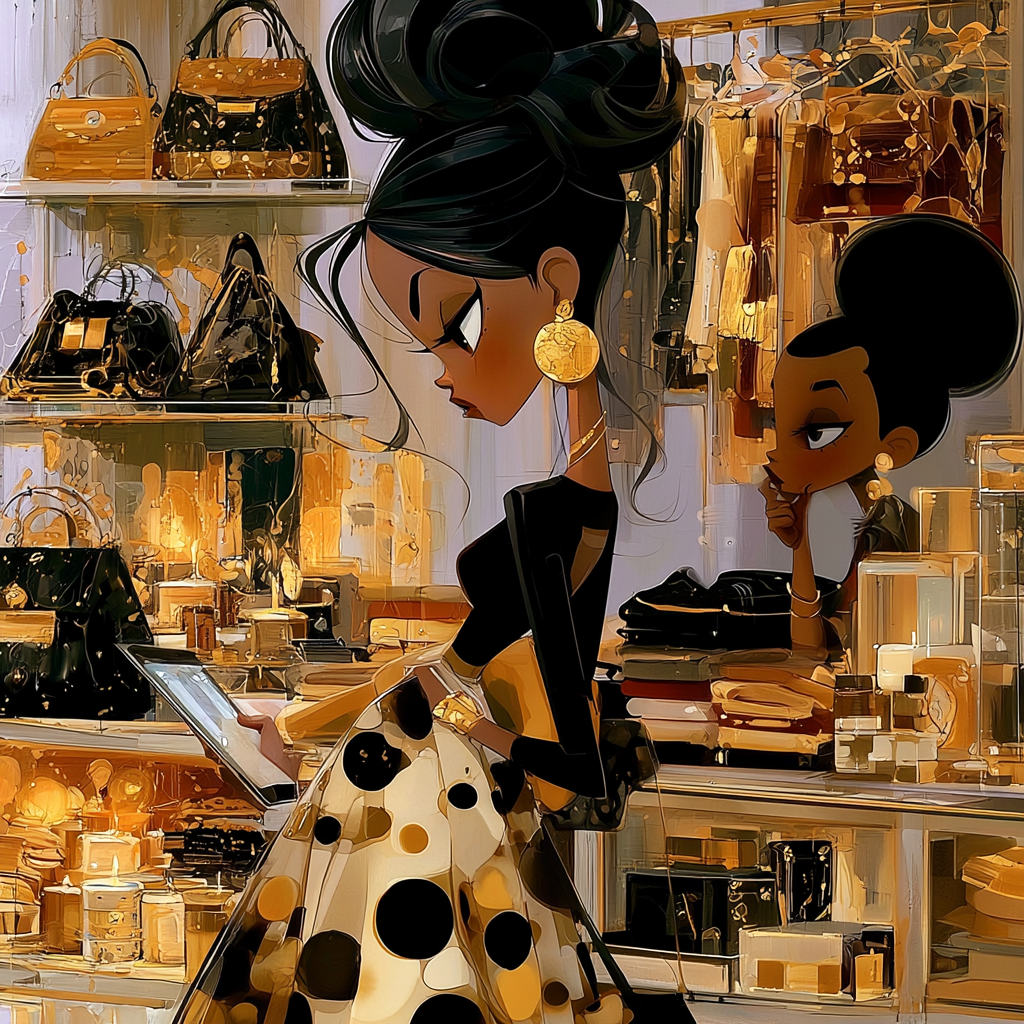 Black retail consultant uses a tablet to analyze handbags, clothing, and product displays inside an elegant boutique.