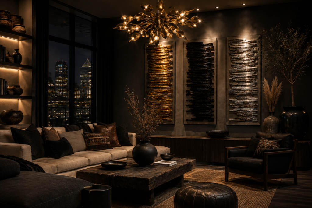 Wabi-sabi and Afro-bohemian luxury living room glowing with warm lights during the Trump power grid emergency, highlighting the everyday importance of reliable electricity.