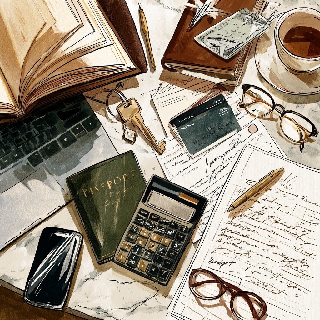 Moving abroad exit strategy planning desk with passport, calculator, laptop, budget notes, banking cards, keys, and travel documents.