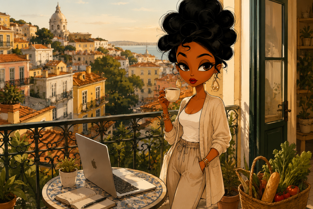 Woman living abroad with coffee and laptop on a residential balcony, showing a moving abroad exit strategy becoming everyday life.