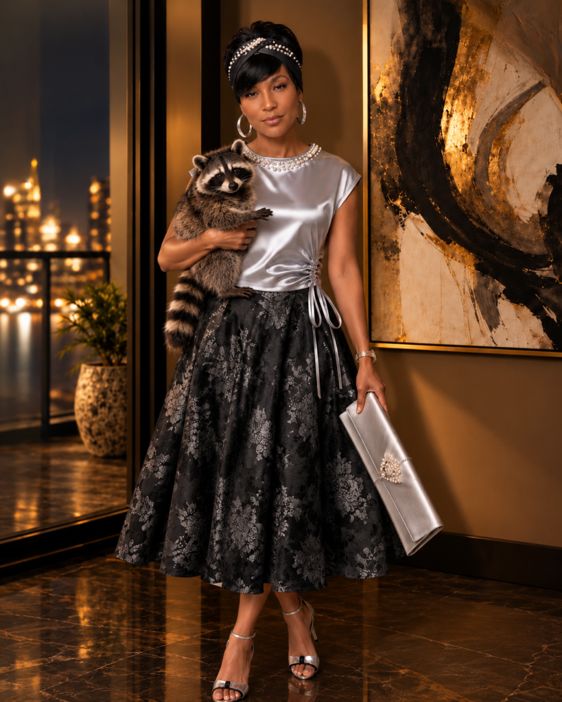 Kimberly Ann Hawes holding Rocky the raccoon in an elegant black-and-gold setting representing the creative Kimmaverse.