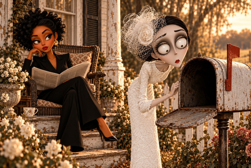 Woman checking an empty mailbox for a fictional government check while her neighbor watches from the porch.