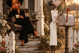 Woman checking an empty mailbox for a fictional government check while her neighbor watches from the porch.