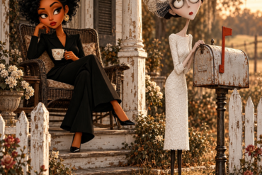 Woman checking an empty mailbox for a fictional government check while her neighbor watches from the porch.