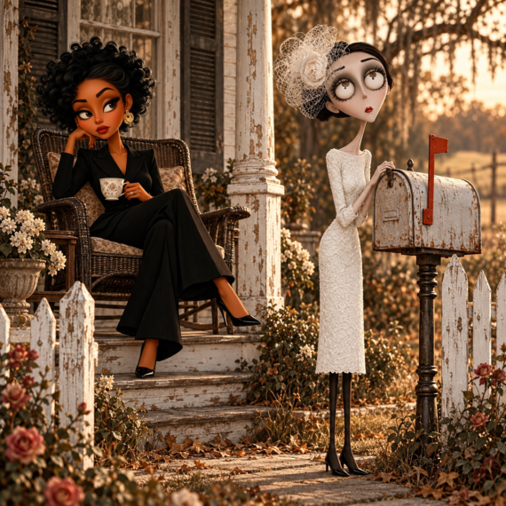 Woman checking an empty mailbox for a fictional government check while her neighbor watches from the porch.