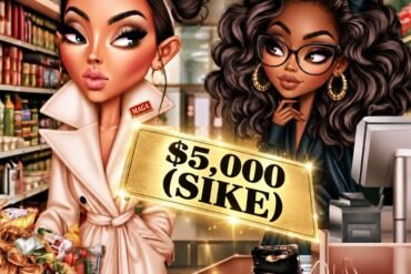 Illustrated grocery checkout scene featuring a large gold check reading “$5,000 (SIKE)” between a MAGA shopper and a skeptical Black cashier.