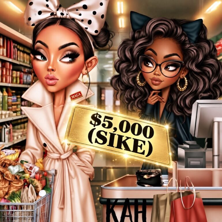 Illustrated grocery checkout scene featuring a large gold check reading “$5,000 (SIKE)” between a MAGA shopper and a skeptical Black cashier.