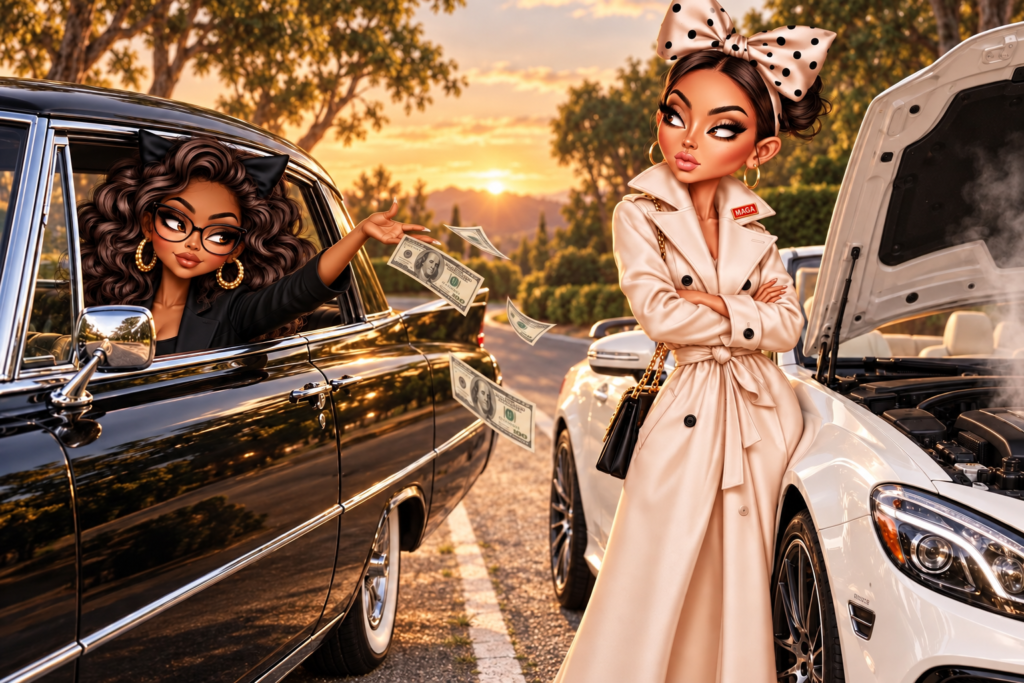 Black woman tosses cash from her vintage Cadillac toward a MAGA supporter stranded beside her broken luxury car.