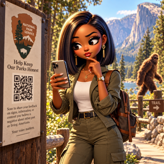 Woman scanning a National Park Service QR code inviting park visitors to share feedback, while Bigfoot walks unnoticed in the background.