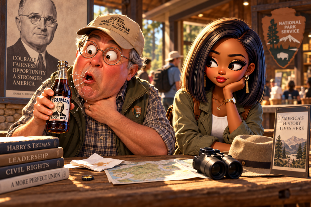 Visitor choking on commemorative root beer at a National Park Service historic site while a woman watches with a skeptical side-eye.