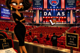 Trump-a-Palooza empty seats at the Dallas Republican midterm convention with rows of vacant chairs and a fallen letter L.