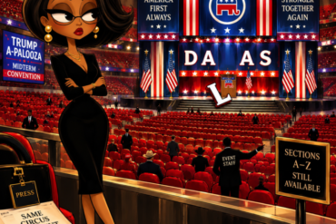 Trump-a-Palooza empty seats at the Dallas Republican midterm convention with rows of vacant chairs and a fallen letter L.
