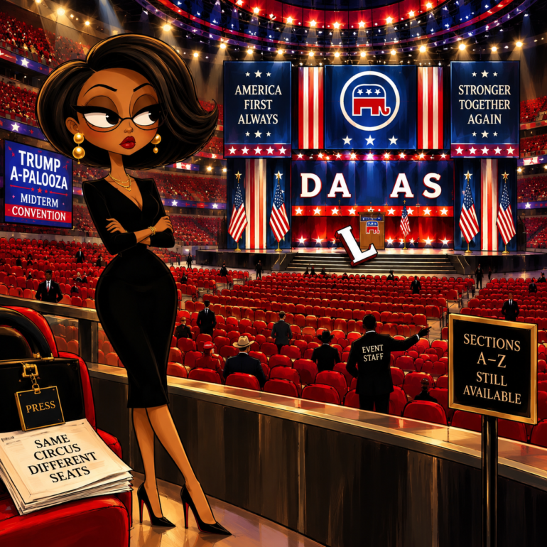 Trump-a-Palooza empty seats at the Dallas Republican midterm convention with rows of vacant chairs and a fallen letter L.